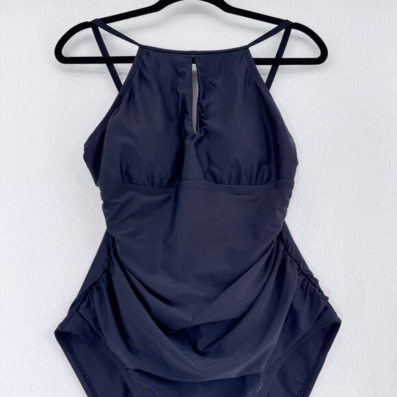 Ellen Tracy Black One-Piece Swimsuit Size 10 Keyhole Halter Ruched Front - Picture 5 of 6